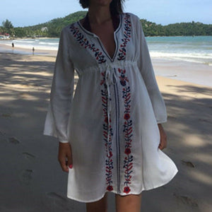 Turkish Beachwear Cover Up Embroidery Vintage Swimwear Loose Beach Dress SMALL